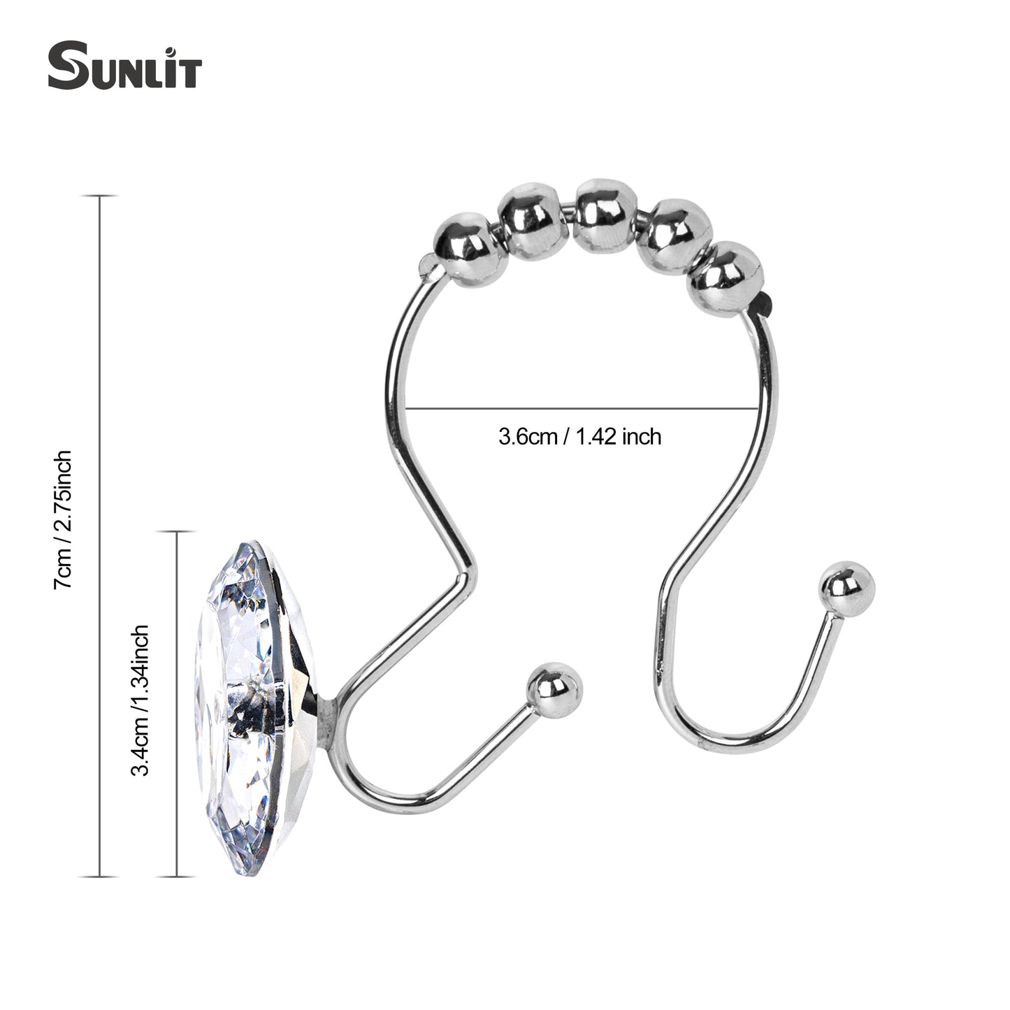Sunlit Luxury Design Round Clear Diamond Crystal Gem Bling with Glide Balls Double Shower Curtain Hooks, Rust Proof Metal Rhinestones Glam Shower Curtain Rings-12 Pack