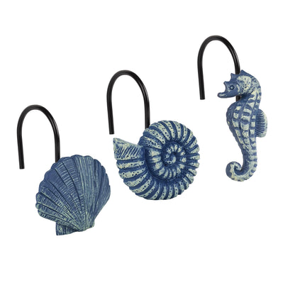 Sunlit Seashells Decorative Shower Curtain Hooks, Aqua Blue Ocean Creatures Coastal Shower Curtain Rings with Black Hooks, Resin, Nautical Bathroom Decoration Beach Shower Curtain Hooks, Set of 12