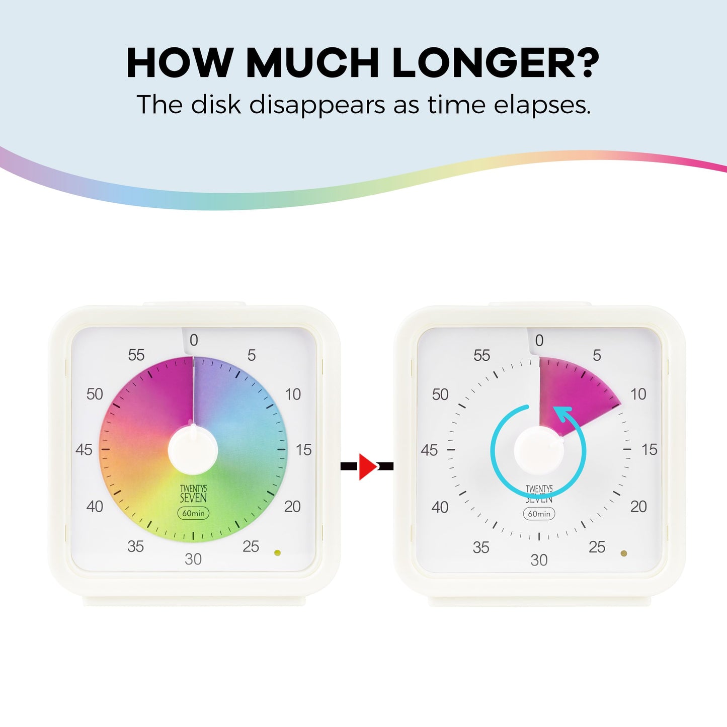TWENTY5 SEVEN Countdown Timer, 60 Minute 1 Hour Silent Visual Timer, Magnetic Classroom Teaching Tool Office Meeting, Countdown Clock for Kids Time Management, Pastel Rainbow