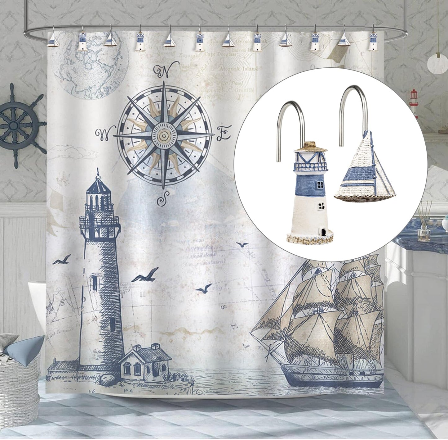 Sunlit Nautical Shower Curtain Hooks, Home Decorative Coastal Shower Curtain Rings for Bathroom, Resin, Ocean Shower Curtain Hanger Hooks for Living Room, Set of 12, Blue Lighthouse Sailboat