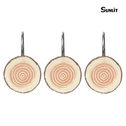 Sunlit Farmhouse Wooden Slices Shower Curtain Hooks, Rustic Home Decorative Shower Curtain Rings with Black Hooks for Bathroom, Resin Shower Curtain Hangers Bathroom Accessories, Set of 12