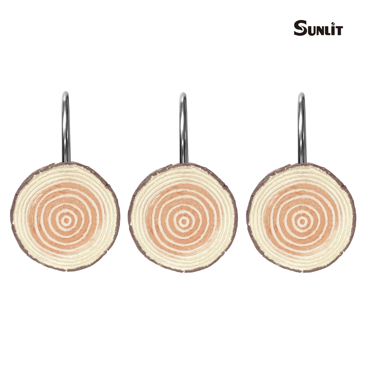 Sunlit Farmhouse Wooden Slices Shower Curtain Hooks, Rustic Home Decorative Shower Curtain Rings with Black Hooks for Bathroom, Resin Shower Curtain Hangers Bathroom Accessories, Set of 12