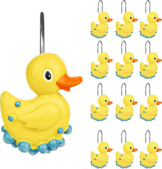 Sunlit Cute Shower Curtain Hooks for Kids, Home Decorative Bubble Duck Shower Curtain Rings for Bathroom, Resin, Fun Shower Curtain Hanger Hooks for Living Room, Set of 12, Yellow