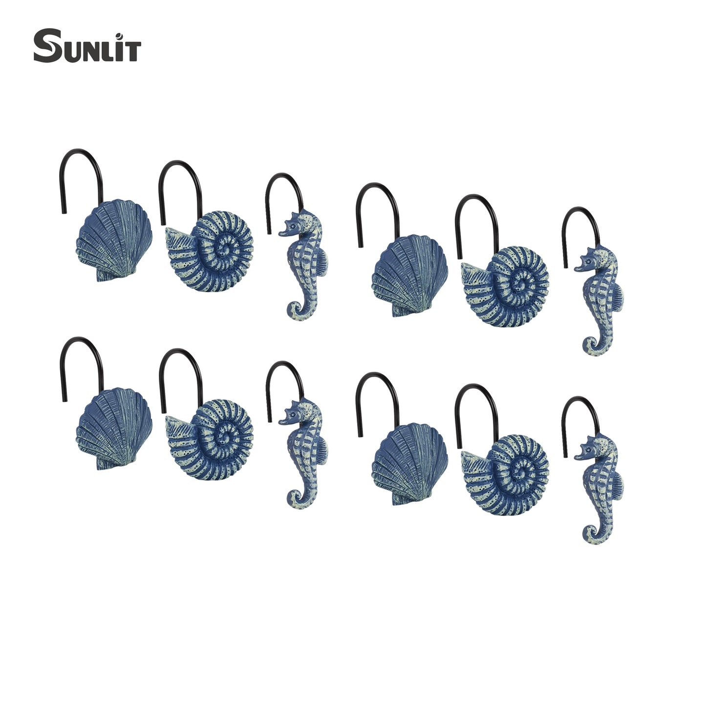Sunlit Seashells Decorative Shower Curtain Hooks, Blue Ocean Creatures Coastal Shower Curtain Rings with Black Hooks, Resin, Nautical Bathroom Decoration Beach Shower Curtain Hooks, Set of 12