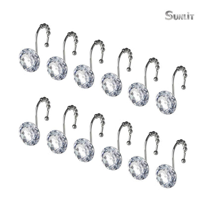 Sunlit Luxury Design Round Clear Diamond Crystal Gem Bling with Glide Balls Double Shower Curtain Hooks, Rust Proof Metal Rhinestones Glam Shower Curtain Rings-12 Pack