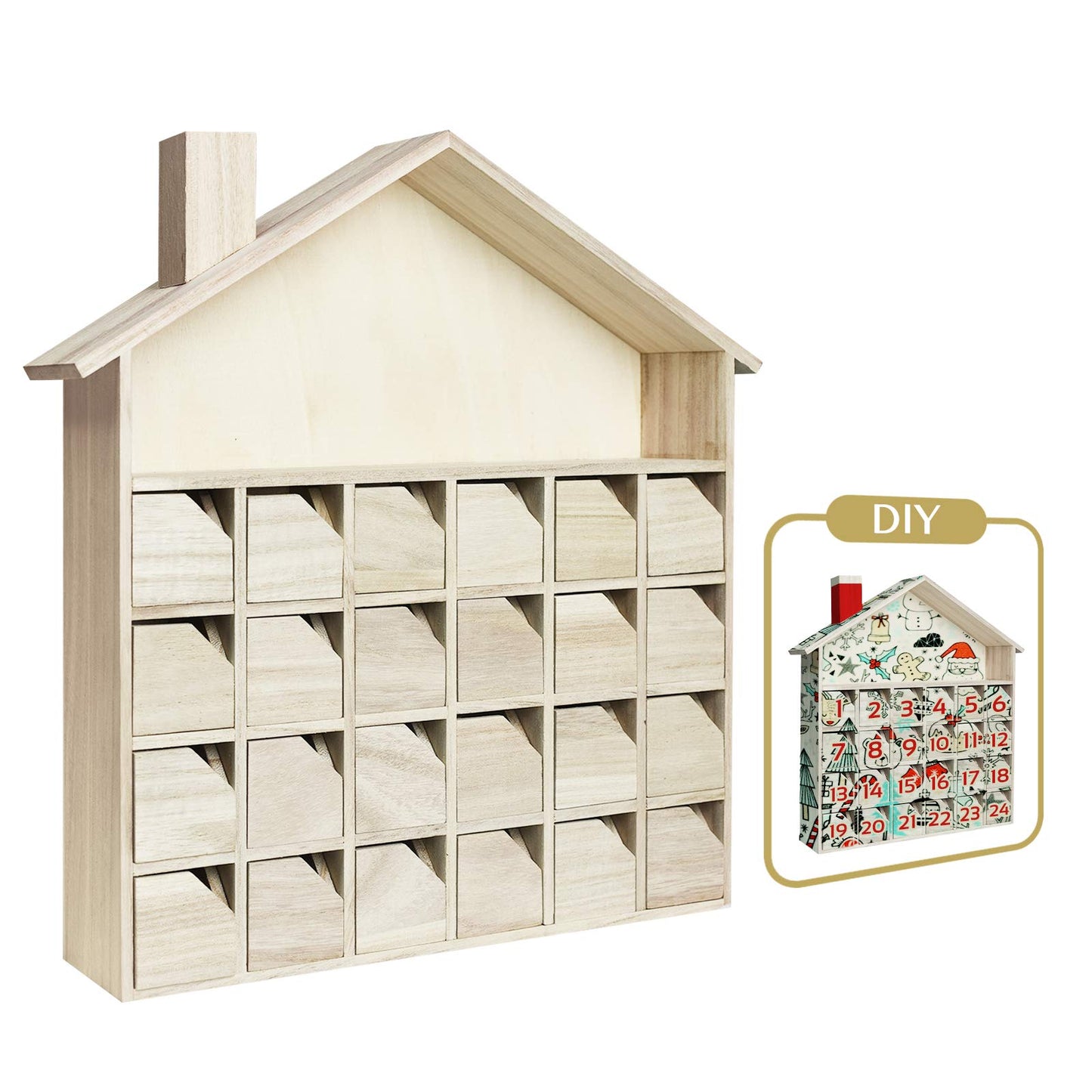 Sunlit Christmas Wooden Advent Calendar with Drawers, Unfinished Wooden, Chalet Shaped Countdown Calendar Ready to Decorate and Personalize | Craft Storage Box | DIY Guru and Crafters