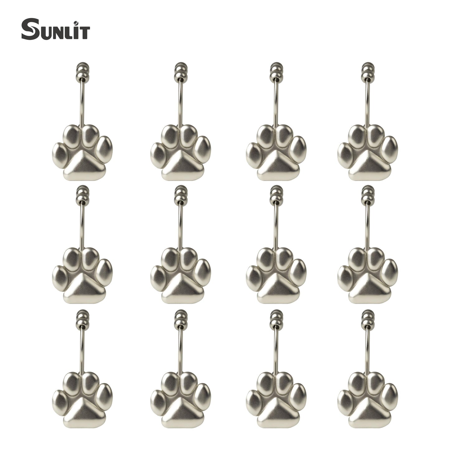 Sunlit Fashion Design Cute Paw Print Polished Double Shower Curtain Hooks for Dog Cat and Bear, Rust Proof Oil Rubbed Metal Shower Curtain Rings-12 Pack