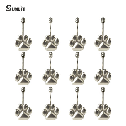 Sunlit Fashion Design Cute Paw Print Polished Shower Curtain Hooks for Dog Cat and Bear, Rust Proof Oil Rubbed Metal Shower Curtain Rings-12 Pack