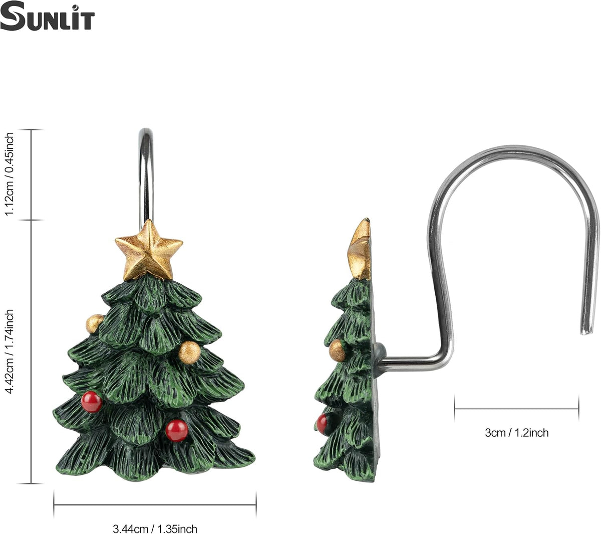 Sunlit Christmas Tree Decorative Shower Curtain Hooks with Star, Green Shower Curtain Rings, Resin, Xmas Theme Winter Holiday Bathroom Decoration, Set of 12