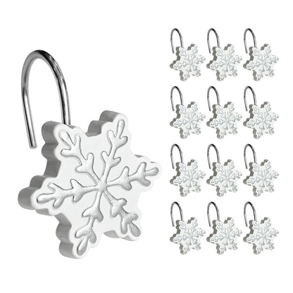 Sunlit Christmas Shower Curtain Hooks Silver Snowflakes Shower Curtain Rings, Resin, White Christmas Decor, Winter Bathroom Decoration - 12 Pack