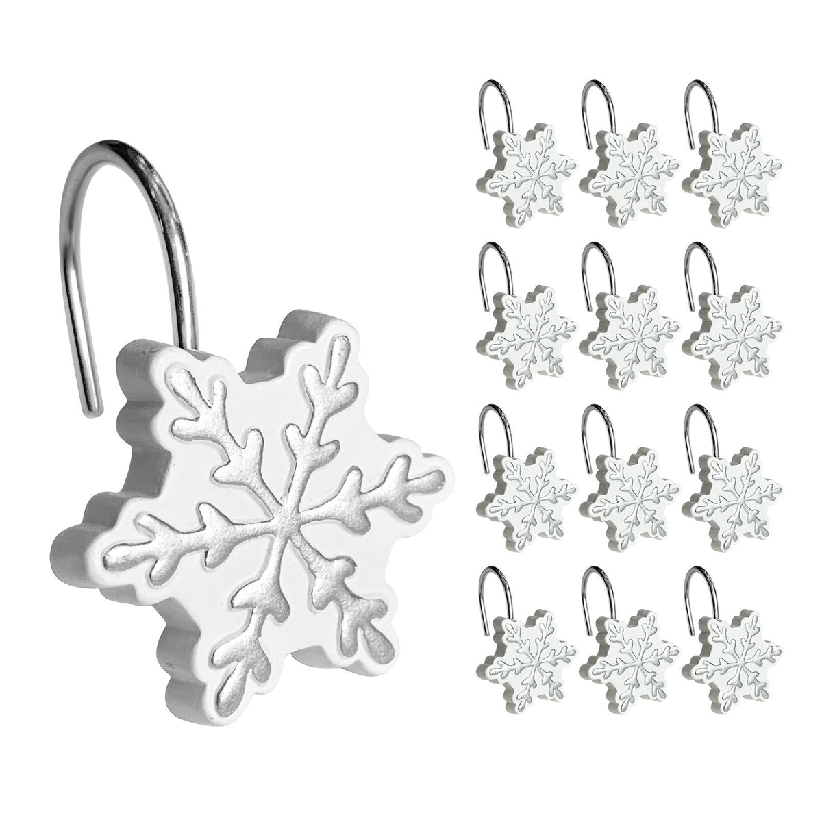 Sunlit Christmas Shower Curtain Hooks Snowflakes Double Shower Curtain Rings, Resin, Red and White Christmas Decor, Winter Bathroom Decoration - 12 Pack
