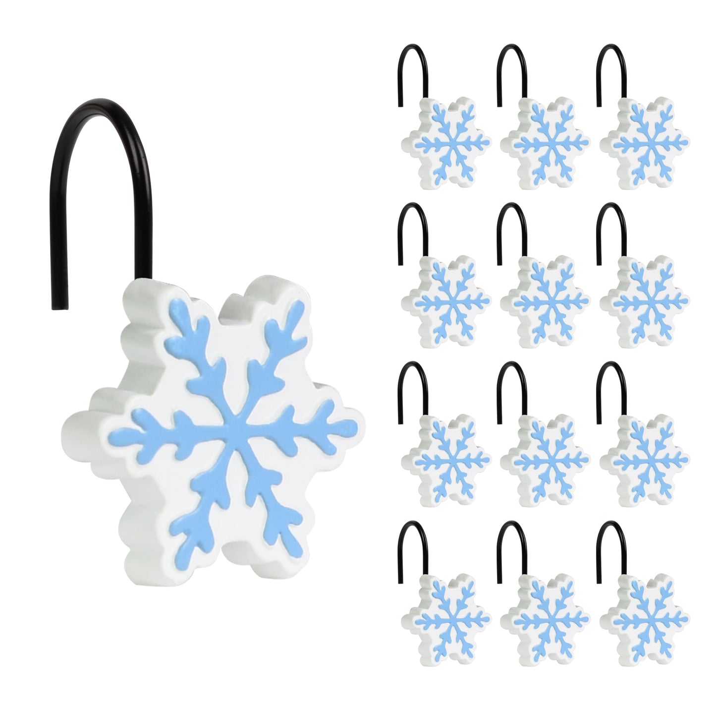 Sunlit Christmas Shower Curtain Hooks Silver Snowflakes Shower Curtain Rings, Resin, White Christmas Decor, Winter Bathroom Decoration - 12 Pack