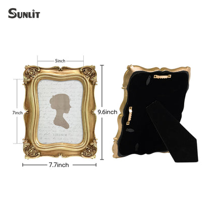 Sunlit Vintage Picture Frame 5x7 Inch Set of 2, Luxury Antique Photo Frames with Glass Front, Photo Display, Tabletop Wall Hanging, Gold