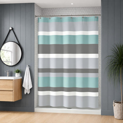 Sunlit Sage Green Gray Horizontal Stripes Water-Repellent Fabric Shower Curtain with Reinforced Metal Grommets Refreshing Striped Design Bathroom Decor, 72x72