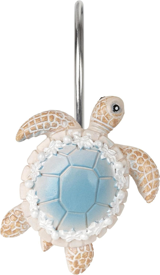 Sunlit Sea Turtle Shower Curtain Hooks with Pearl Accents, Nautical Home Decorative Shower Curtain Rings, Hand-Painted Resin, Cute Ocean Shower Curtain Hanger Hooks for Kids Bathroom, Set of 12