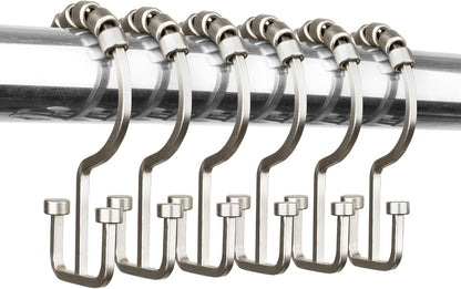 Sunlit Satin Nickel Double Shower Curtain Hooks, Home Decorative Shower Curtain Rings for Bathroom, Metal, Double Glide Shower Curtain Hanger Hooks for Living Room, Set of 12
