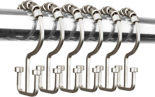 Sunlit Satin Nickel Double Shower Curtain Hooks, Home Decorative Shower Curtain Rings for Bathroom, Metal, Double Glide Shower Curtain Hanger Hooks for Living Room, Set of 12