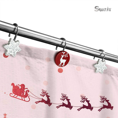 Sunlit Christmas Shower Curtain Hooks Winter Decorative Shower Curtain Rings, Silver Snowflakes and Reindeer, Resin, White Red Winter Bathroom Decoration - 12 Pack