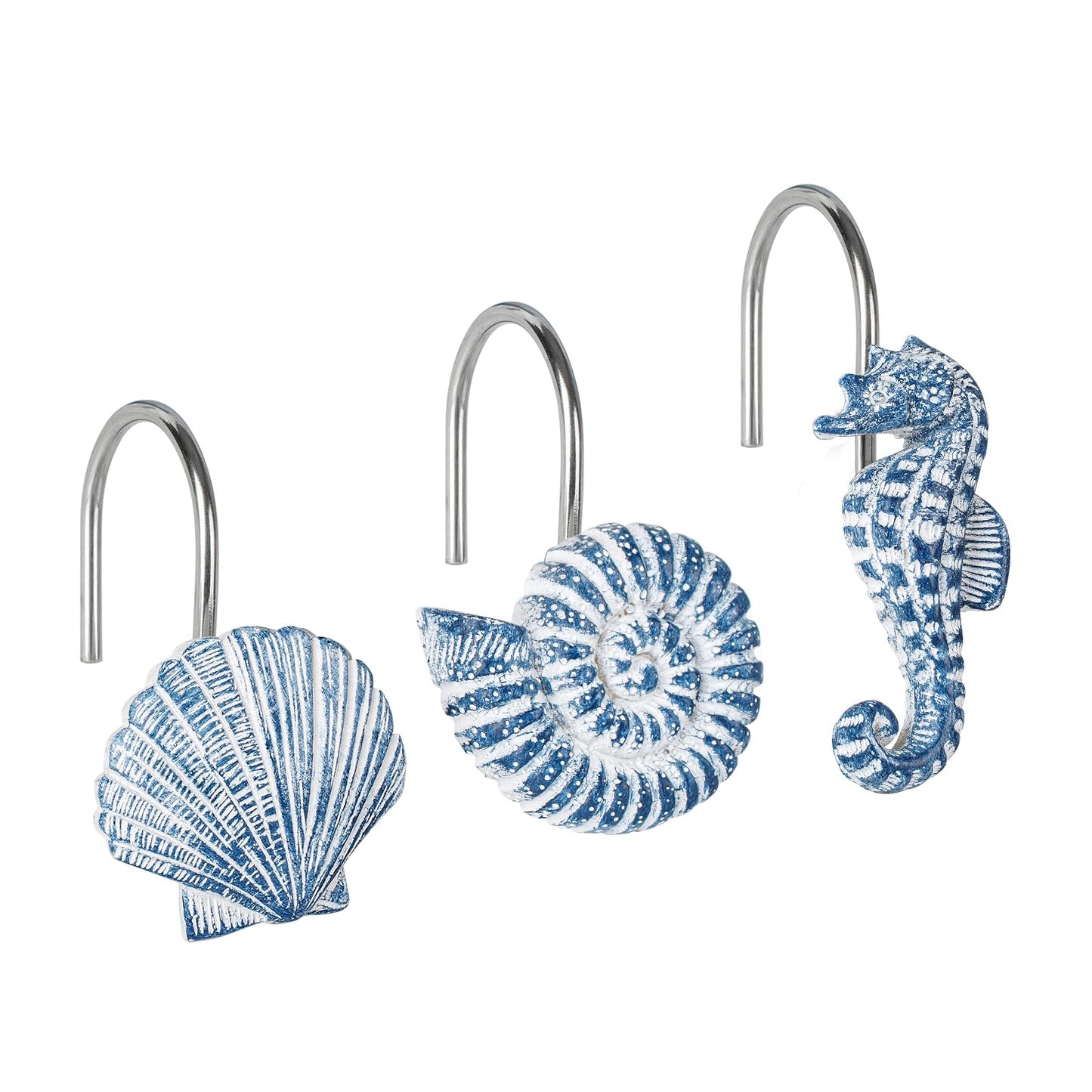 Sunlit Seashells Decorative Shower Curtain Hooks, Aqua Blue Ocean Creatures Coastal Shower Curtain Rings with Black Hooks, Resin, Nautical Bathroom Decoration Beach Shower Curtain Hooks, Set of 12