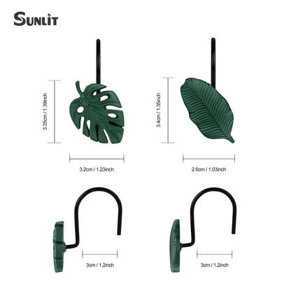 Tropical Leaf Decorative Shower Curtain Hooks, Green Botanical Shower Curtain Rings with Black Hooks, Resin, Monstera Deliciosa Leaves Shower Curtain Hangers for Bathroom, Set of 12