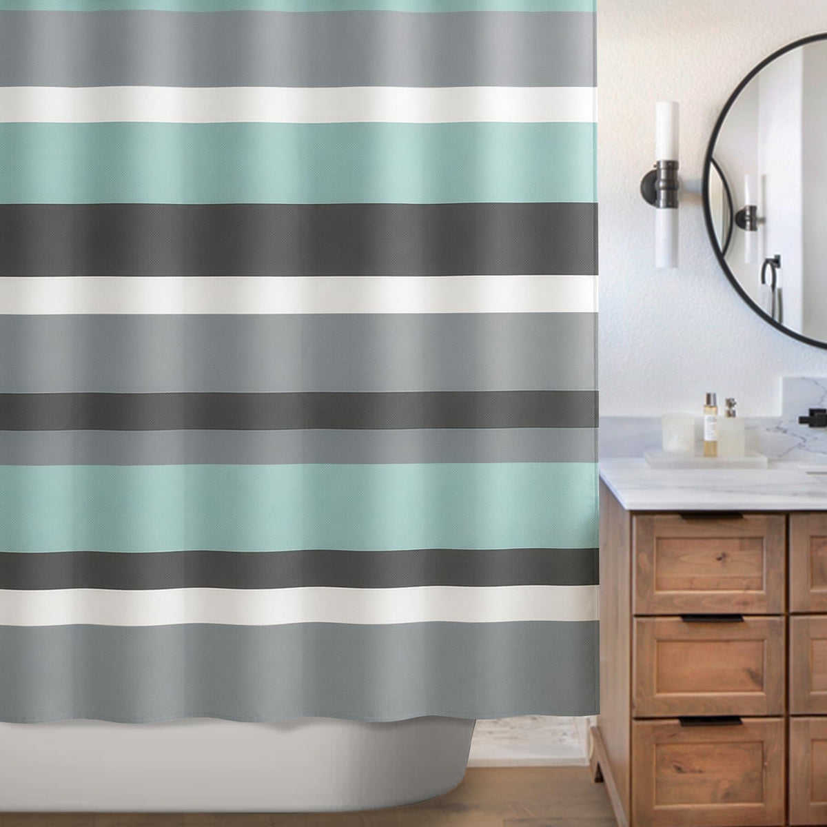 Sunlit Sage Green Gray Horizontal Stripes Water-Repellent Fabric Shower Curtain with Reinforced Metal Grommets Refreshing Striped Design Bathroom Decor, 72x72