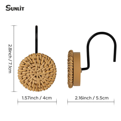 Sunlit Boho Decorative Shower Curtain Hooks, Woven Wicker Ratten Beige Shower Curtain Rings for Bathroom, Farmhouse Shower Curtain Hangers Bathroom Accessories, Set of 12
