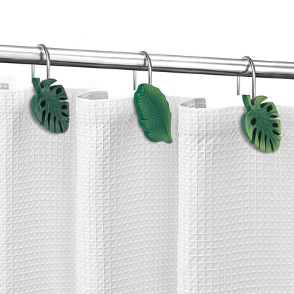 Tropical Leaf Decorative Shower Curtain Hooks, Green Botanical Shower Curtain Rings with Black Hooks, Resin, Monstera Deliciosa Leaves Shower Curtain Hangers for Bathroom, Set of 12