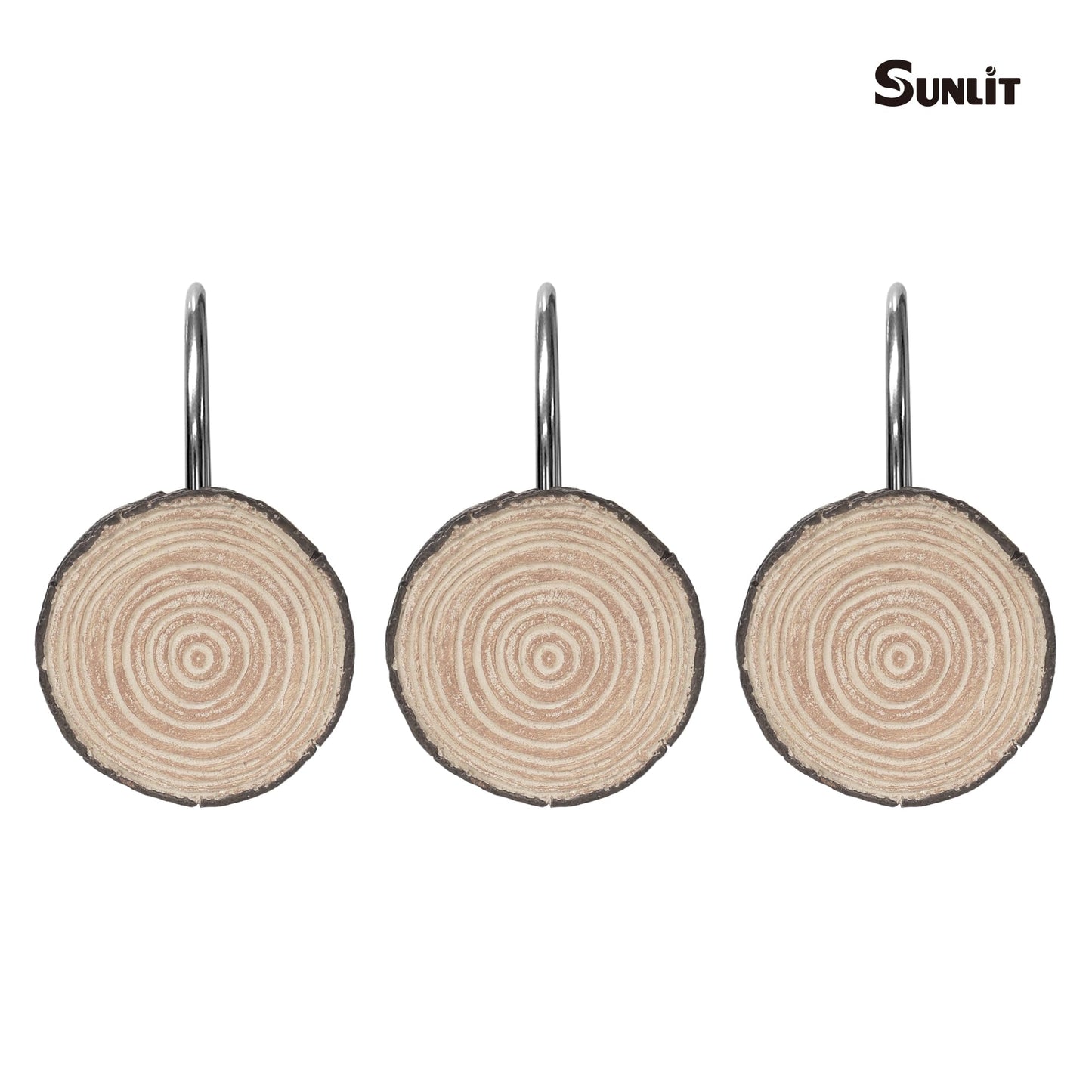 Sunlit Farmhouse Wooden Slices Shower Curtain Hooks, Rustic Home Decorative Shower Curtain Rings with Black Hooks for Bathroom, Resin Shower Curtain Hangers Bathroom Accessories, Set of 12