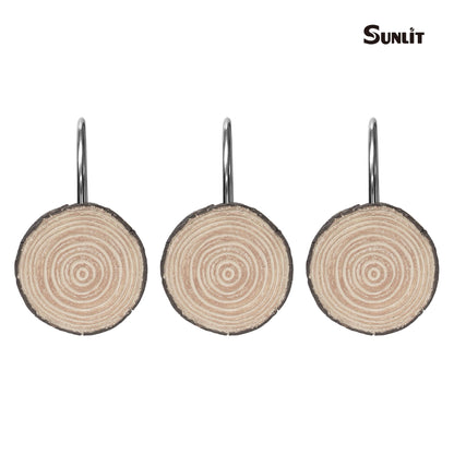 Sunlit Farmhouse Wooden Slices Shower Curtain Hooks, Rustic Home Decorative Shower Curtain Rings for Bathroom, Resin Shower Curtain Hangers Bathroom Accessories, Set of 12