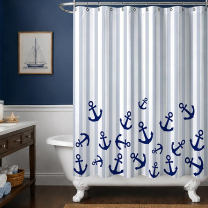 Sunlit Nautical Fabric Shower Curtain, Navy Blue Anchor with Gray Stripes Shower Curtains, Nautical Ocean Bathroom Decoration Curtains