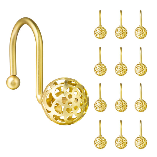 Sunlit Gold Hollow Ball Shower Curtain Hooks, Metal Home Decorative Shower Curtain Rings for Bathroom, Modern Shower Curtain Hangers Bathroom Accessories, Set of 12