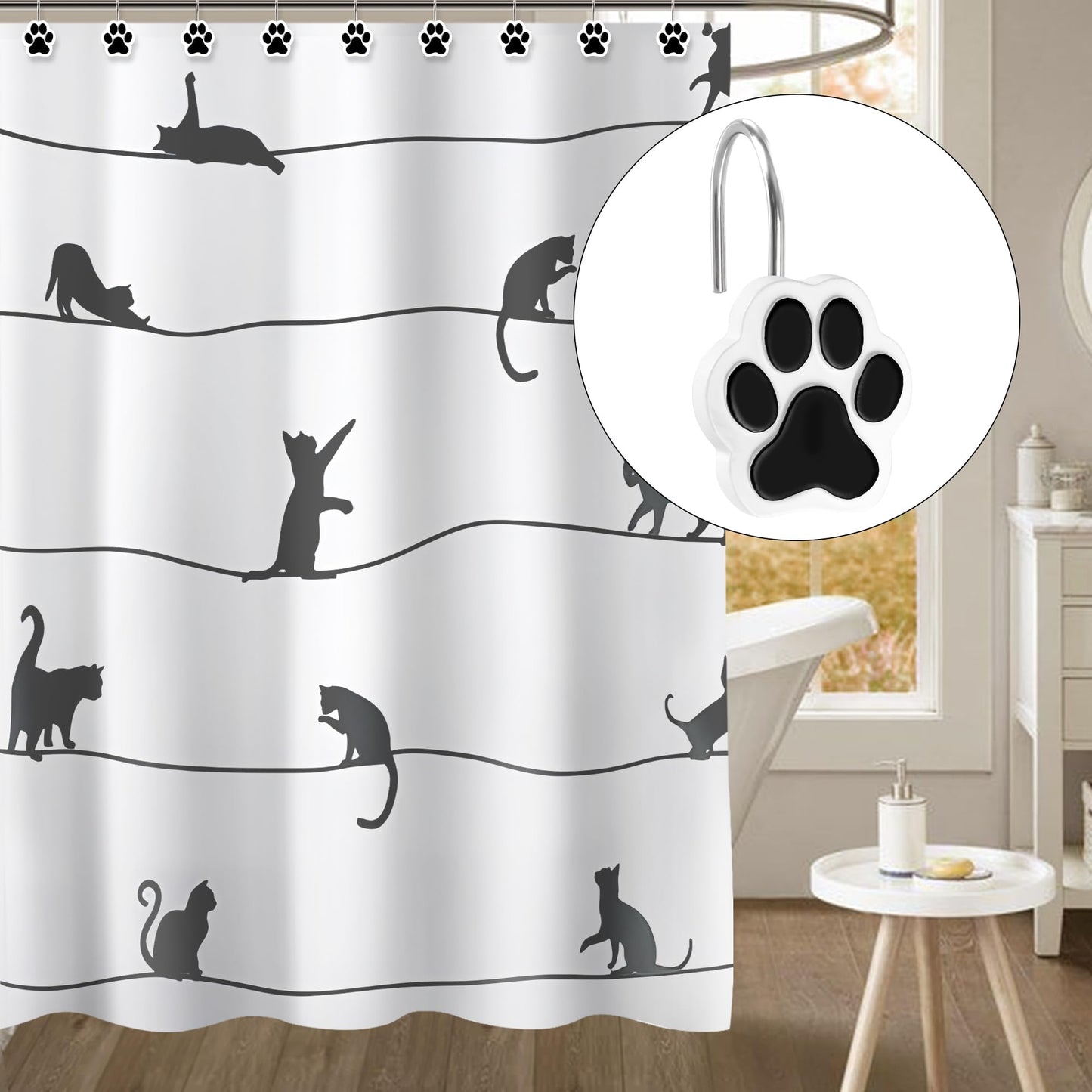 Sunlit Cute Paw Print Decorative Shower Curtain Hooks for Dog Cat Bear, Resin, Lovely Shower Curtain Rings with Black Hooks for Kids, Bathroom Decoration Curtain Hangers, 12 Pack, Black and White