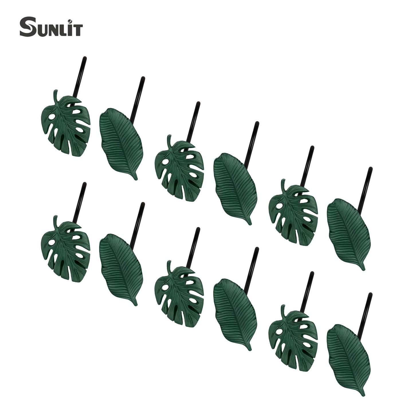 Tropical Leaf Decorative Shower Curtain Hooks Green Botanical Shower Curtain Rings, Resin, Monstera Deliciosa Leaves Shower Curtain Hangers for Bathroom, Set of 12