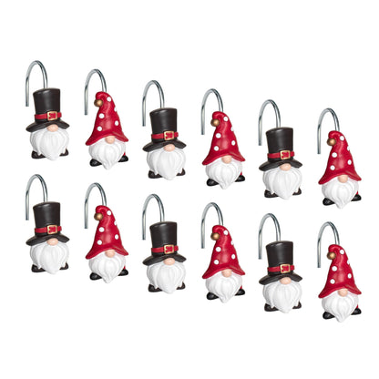 Sunlit Christmas Shower Curtain Hooks, Gnome Shower Curtain Rings, Hand Painted Resin Christmas Decor, Winter Bathroom Decoration, Red Hat with White Polka Dot, Set of 12