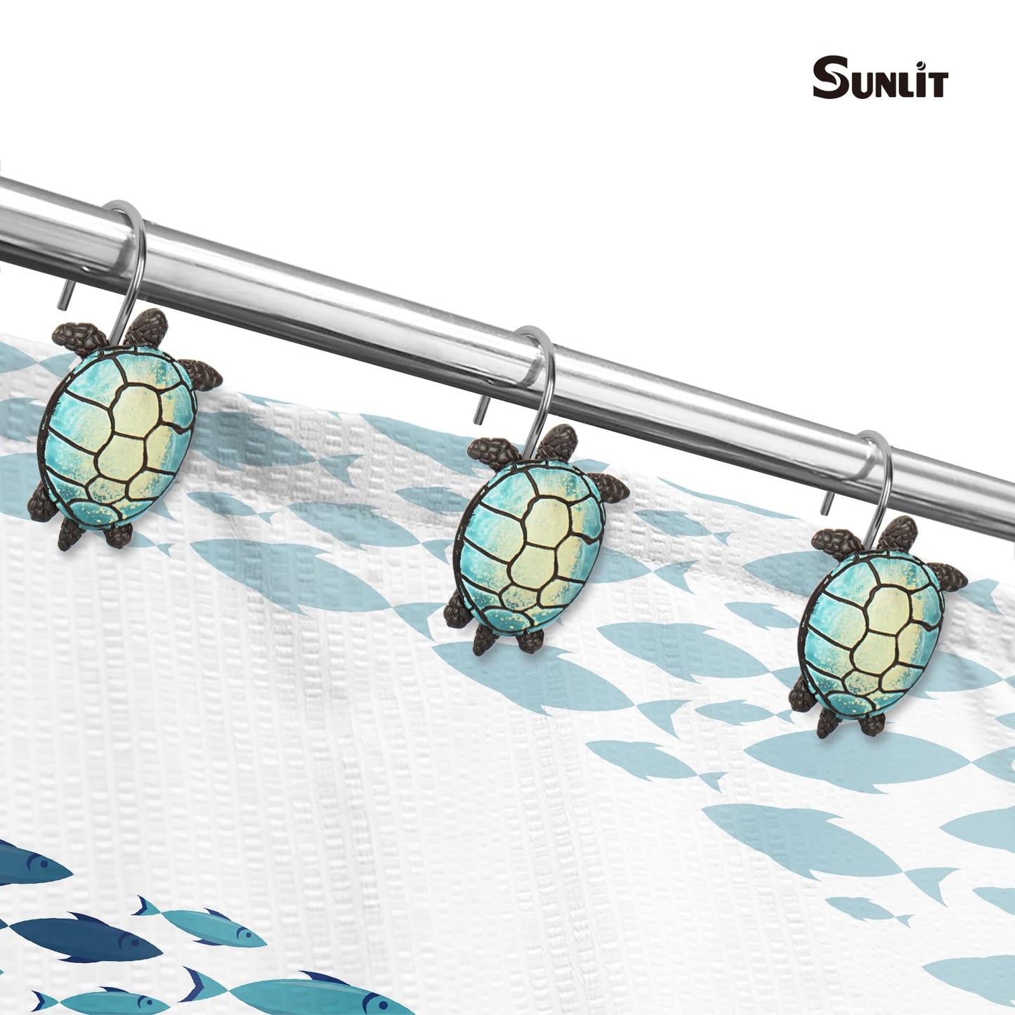 Sunlit Sea Turtle Shower Curtain Hooks, Home Decorative Shower Curtain Rings for Bathroom, Resin, Ocean Shower Curtain Hanger Hooks for Kid Room Living Room, Set of 12