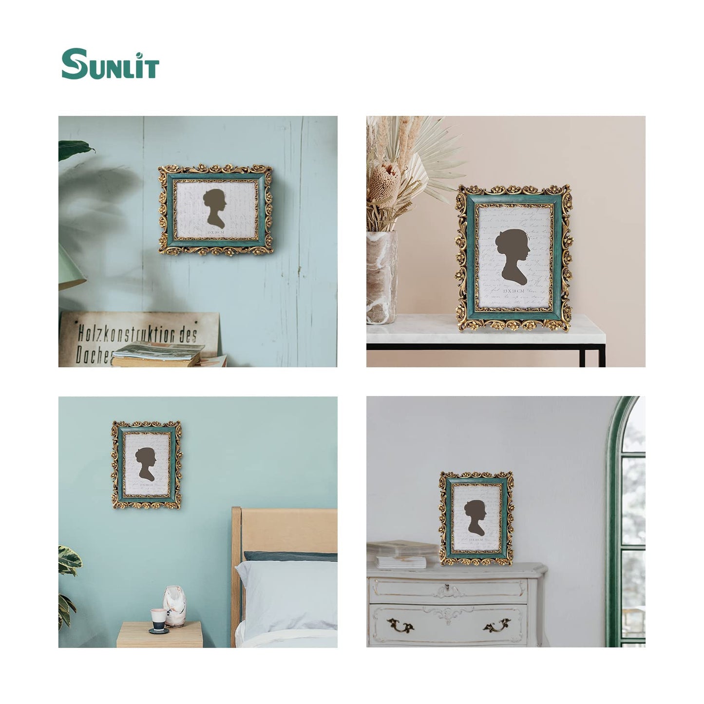 Sunlit Vintage Picture Frame 4x6 Inch, Luxury Antique Photo Frames with Glass Front, Photo Display, Tabletop Wall Hanging, Gift Ideas, Retro Blue and Gold