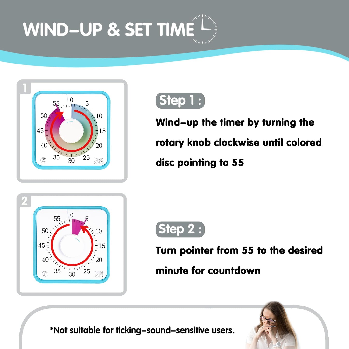 TWENTY5 SEVEN Countdown Timer 7.5 inch; 60 Minute 1 Hour Visual Timer – Classroom Teaching Tool Office Meeting, Mechanical Countdown Clock for Kids Exam Time Management Magnetic, Sky Blue