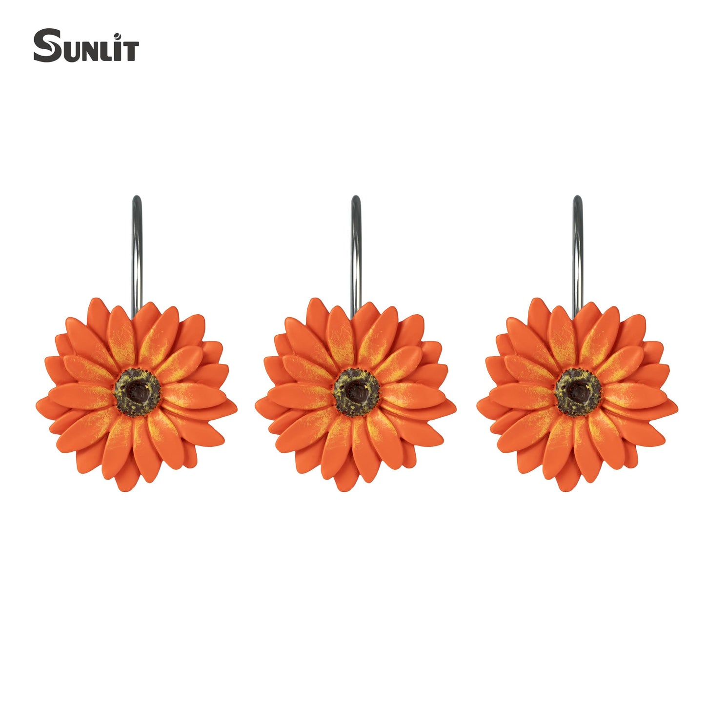 Sunlit Green Daisy Shower Curtain Hooks, Home Decorative Shower Curtain Rings for Bathroom, Resin, Summer Floral Shower Curtain Hanger Hooks for Living Room, Set of 12