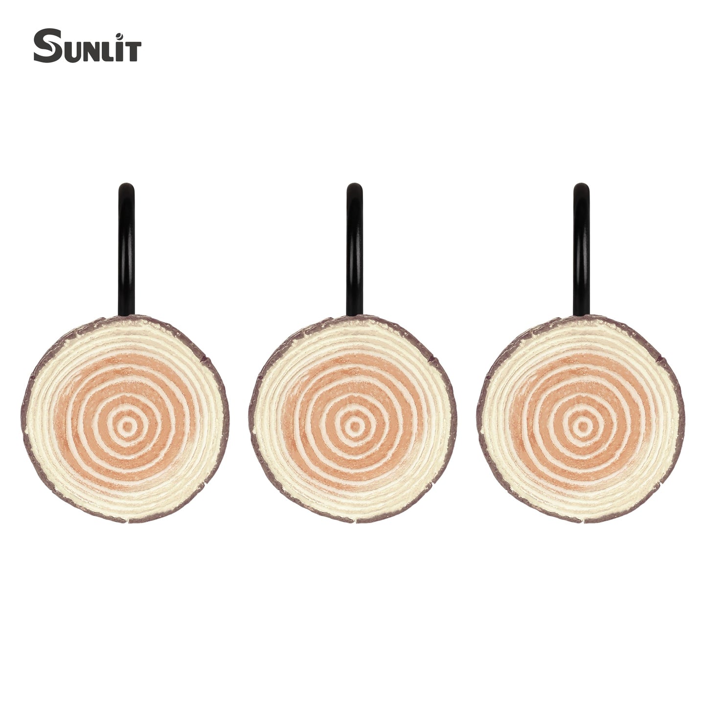 Sunlit Farmhouse Wooden Slices Shower Curtain Hooks, Rustic Home Decorative Shower Curtain Rings with Black Hooks for Bathroom, Resin Shower Curtain Hangers Bathroom Accessories, Set of 12