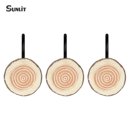 Sunlit Farmhouse Wooden Slices Shower Curtain Hooks, Rustic Home Decorative Shower Curtain Rings with Black Hooks for Bathroom, Resin Shower Curtain Hangers Bathroom Accessories, Set of 12