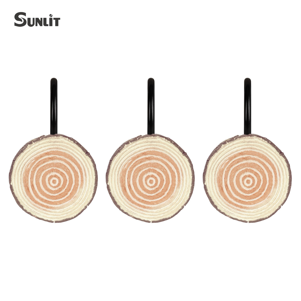 Sunlit Farmhouse Wooden Slices Shower Curtain Hooks, Rustic Home Decorative Shower Curtain Rings with Black Hooks for Bathroom, Resin Shower Curtain Hangers Bathroom Accessories, Set of 12