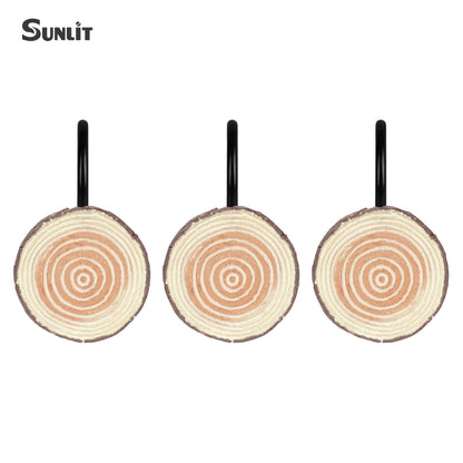 Sunlit Farmhouse Wooden Slices Shower Curtain Hooks, Rustic Home Decorative Shower Curtain Rings with Black Hooks for Bathroom, Resin Shower Curtain Hangers Bathroom Accessories, Set of 12