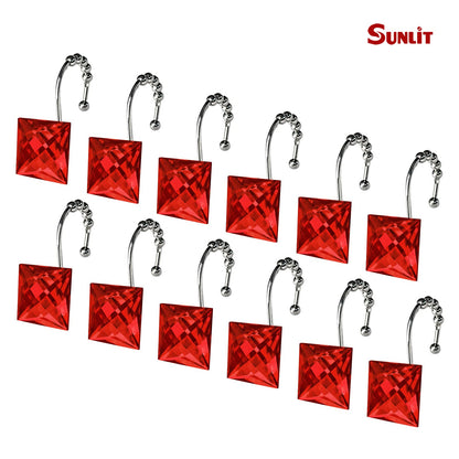 Sunlit Luxury Design Square Red Diamond Crystal Gem Bling with Glide Balls Shower Curtain Hooks, Rust Proof Metal Rhinestones Glam Shower Curtain Rings-12 Pack