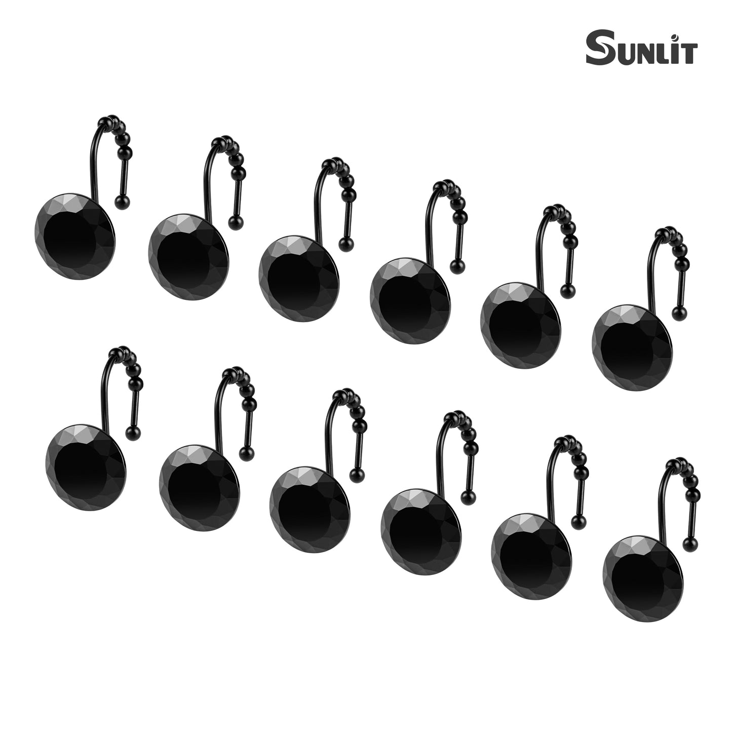 Sunlit Luxury Design Round Yellow Diamond Crystal Gem Bling with Glide Balls Shower Curtain Hooks, Rust Proof Metal Rhinestones Glam Shower Curtain Rings-12 Pack