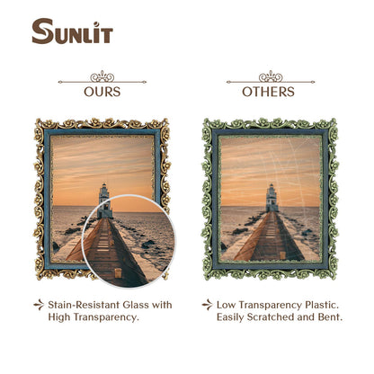 Sunlit Vintage Picture Frame 4x6 Inch, Luxury Antique Photo Frames with Glass Front, Photo Display, Tabletop Wall Hanging, Gift Ideas, Retro Blue and Gold