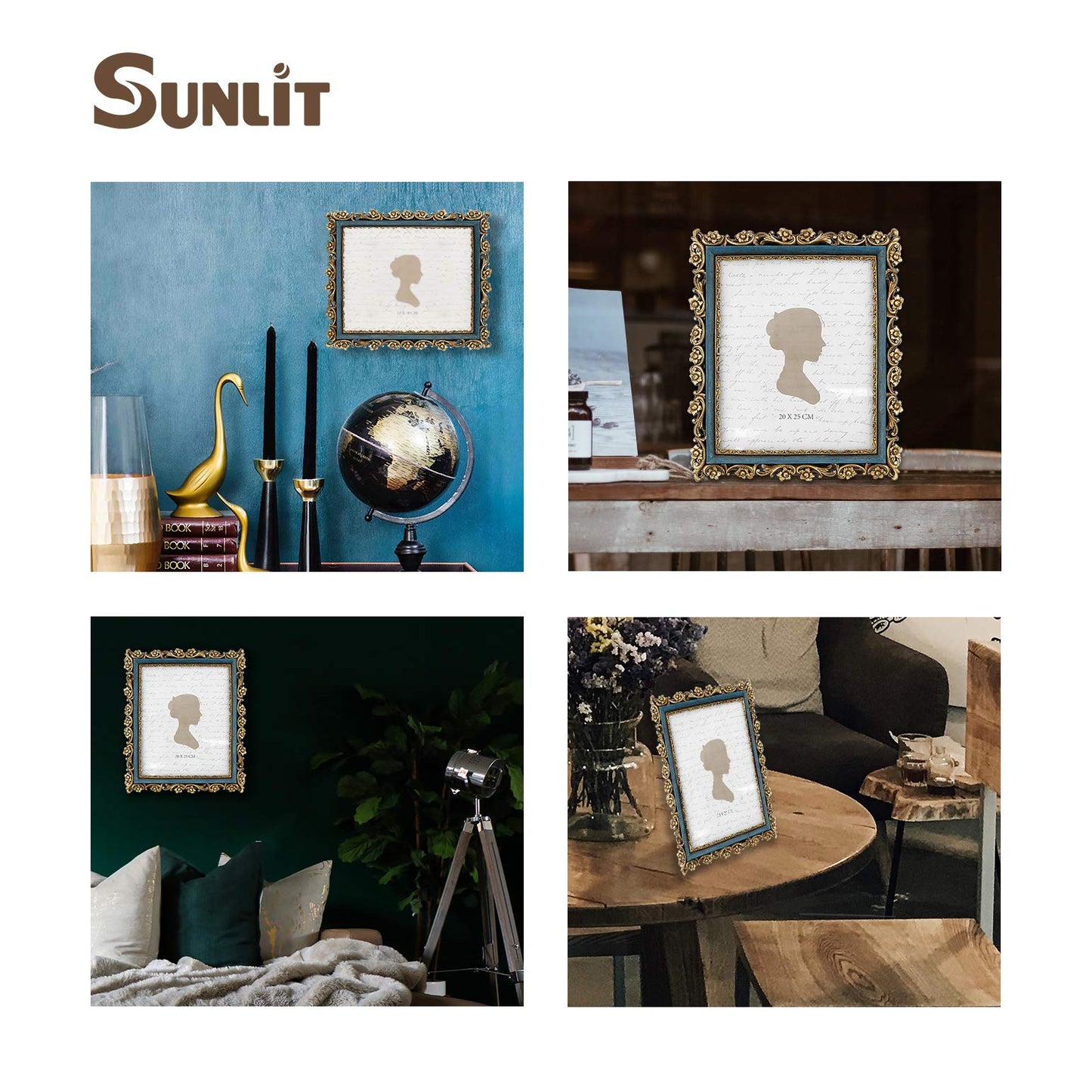 Sunlit Vintage Picture Frame 4x6 Inch, Luxury Antique Photo Frames with Glass Front, Photo Display, Tabletop Wall Hanging, Gift Ideas, Retro Blue and Gold