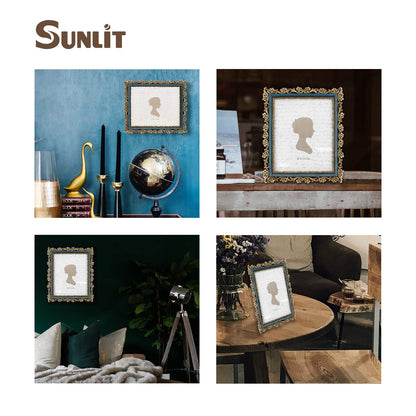 Sunlit Vintage Picture Frame 4x6 Inch, Luxury Antique Photo Frames with Glass Front, Photo Display, Tabletop Wall Hanging, Gift Ideas, Retro Blue and Gold