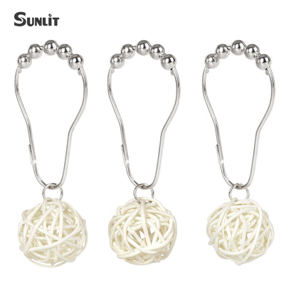 Sunlit Boho Decorative Rattan Balls Shower Curtain Hooks, Wicker Orbs Shower Curtain Rings for Bathroom, Farmhouse Shower Curtain Hangers Bathroom Accessories, Set of 12, Brown