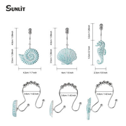 Sunlit Seashells Decorative Shower Curtain Hooks, Aqua Blue Ocean Creatures Coastal Shower Curtain Rings with Black Hooks, Resin, Nautical Bathroom Decoration Beach Shower Curtain Hooks, Set of 12
