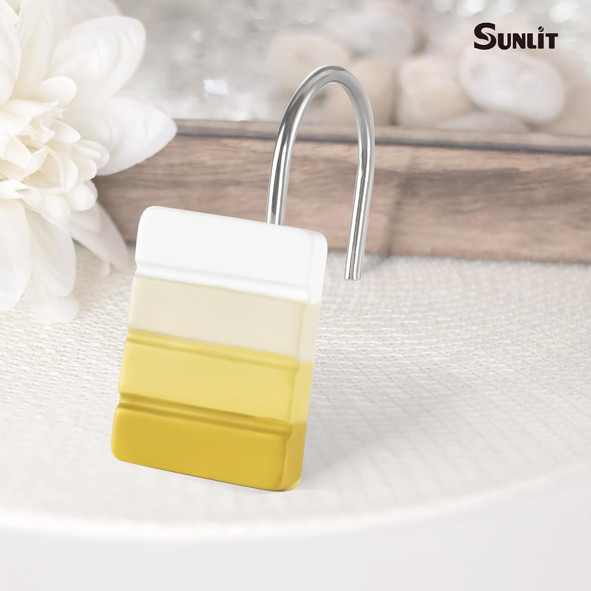 Sunlit Ombre Yellow Decorative Shower Curtain Hooks, Yellow White Gradient Shower Curtain Rings, Resin, Bathroom Decoration Stripes Shower Curtain Hangers, 12 Pack